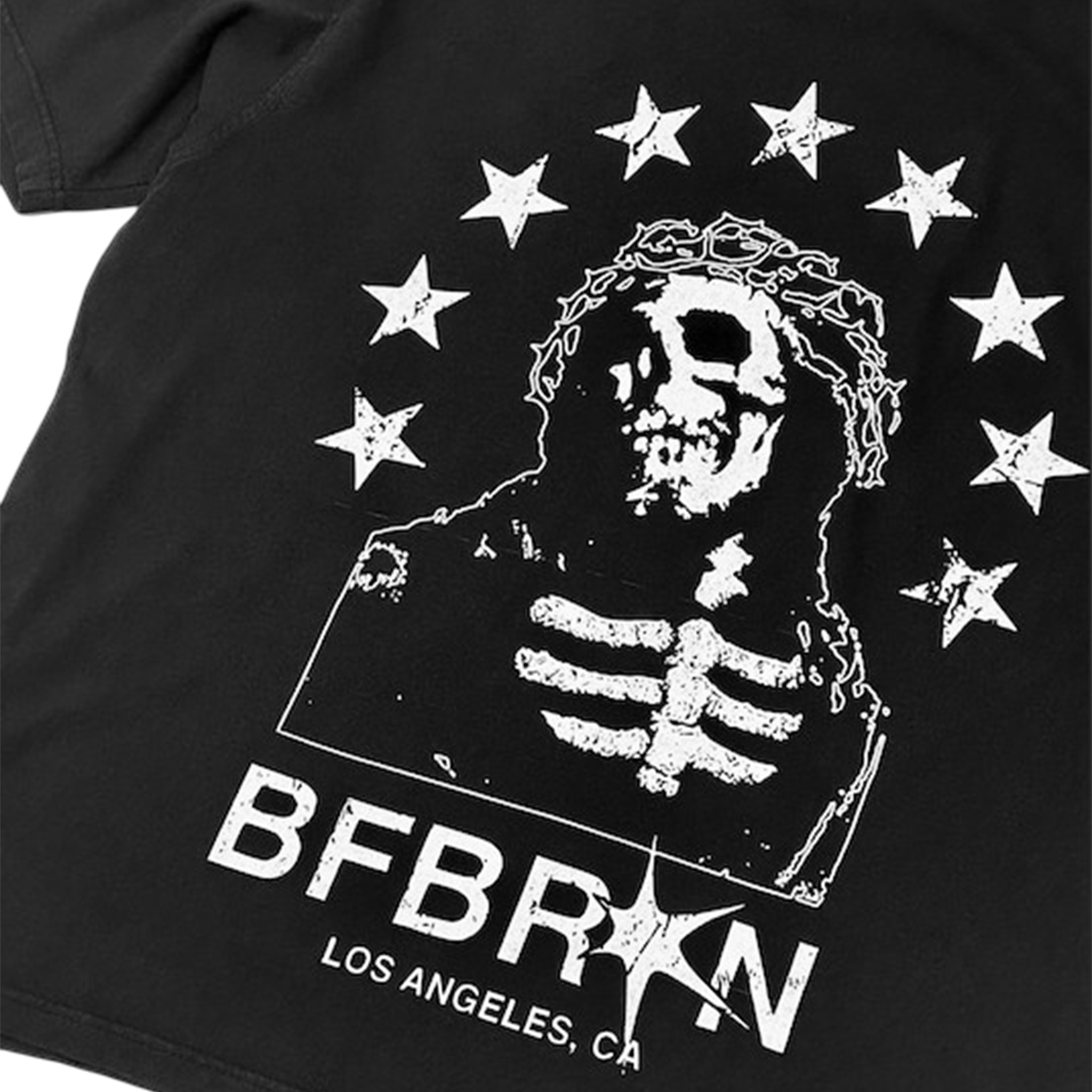 Black t-shirt with a skeleton graphic and 'BFBRKN' branding on a white background